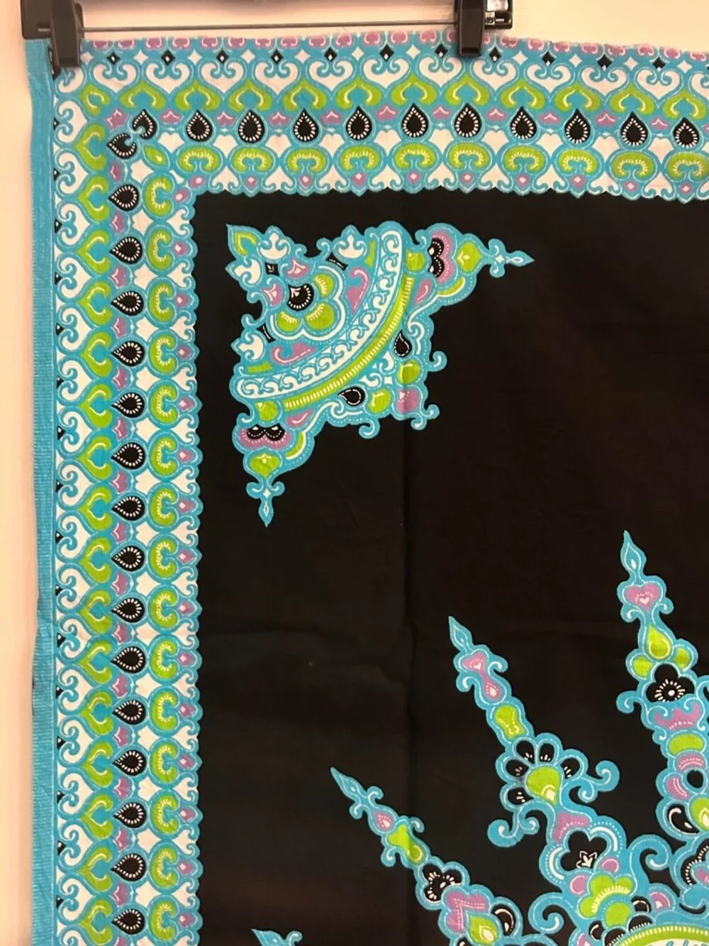 Blue Green and Black Mandala Cotton Fabric Panel Wrap Swim Coverup Rough Edge